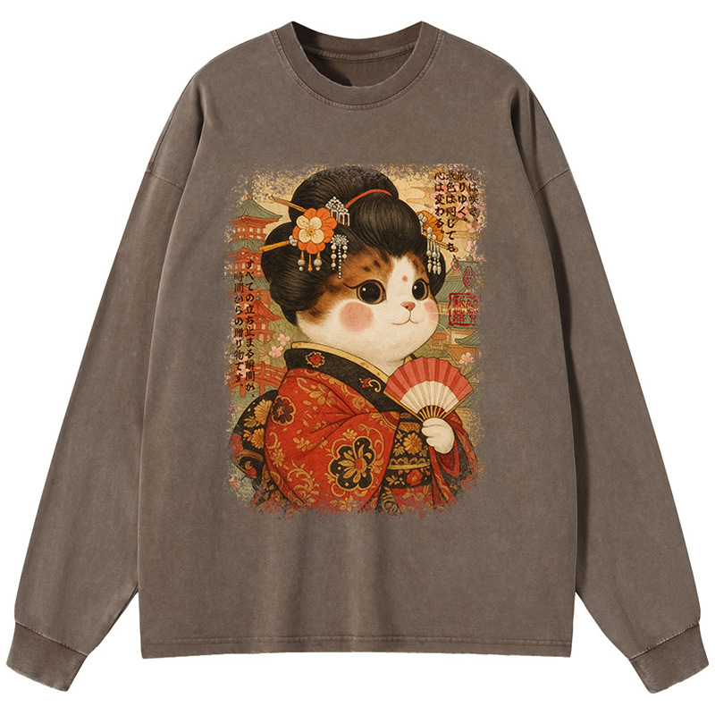 Tokyo-Tiger Ukiyoe Japanese Cat Princess Washed Long Sleeve T-Shirt