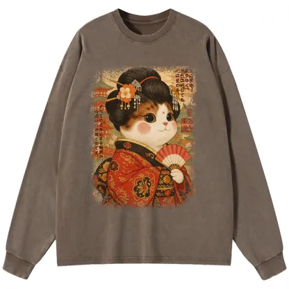 Tokyo-Tiger Ukiyoe Japanese Cat Princess Washed Long Sleeve T-Shirt