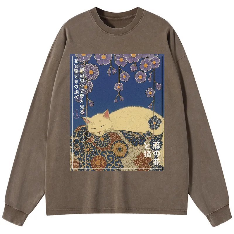 Tokyo-Tiger Ukiyoe Wisteria Flowers and Cats Washed Long Sleeve T-Shirt