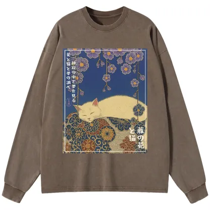Tokyo-Tiger Ukiyoe Wisteria Flowers and Cats Washed Long Sleeve T-Shirt