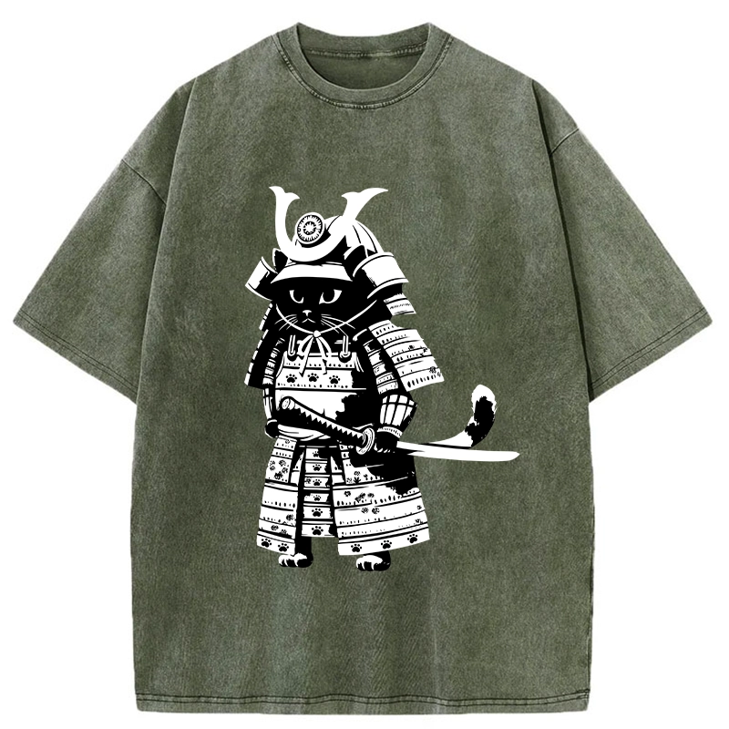 Tokyo-Tiger Japanese Samurai Black Cat Washed T-Shirt