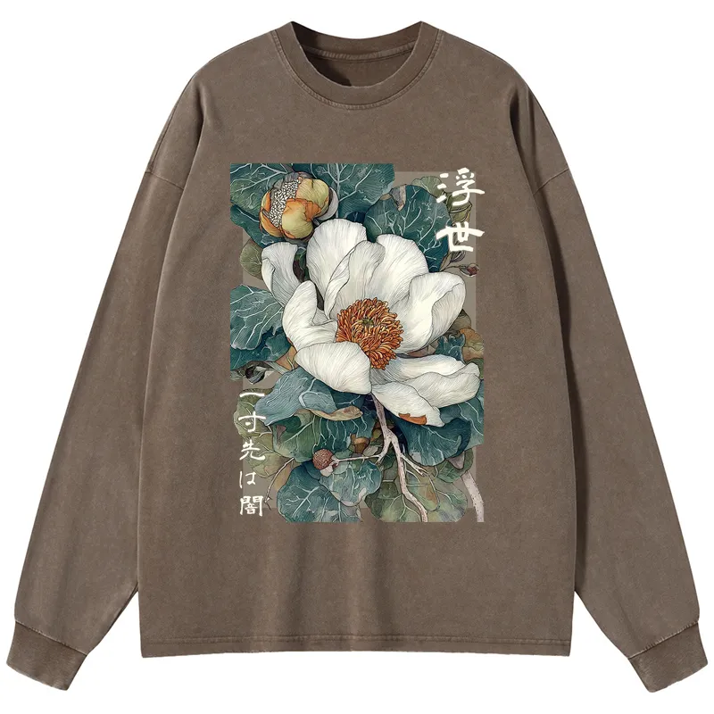 Tokyo-Tiger Ukiyoe Magnolia Flower Poster Washed Long Sleeve T-Shirt