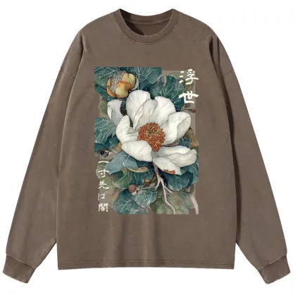 Tokyo-Tiger Ukiyoe Magnolia Flower Poster Washed Long Sleeve T-Shirt