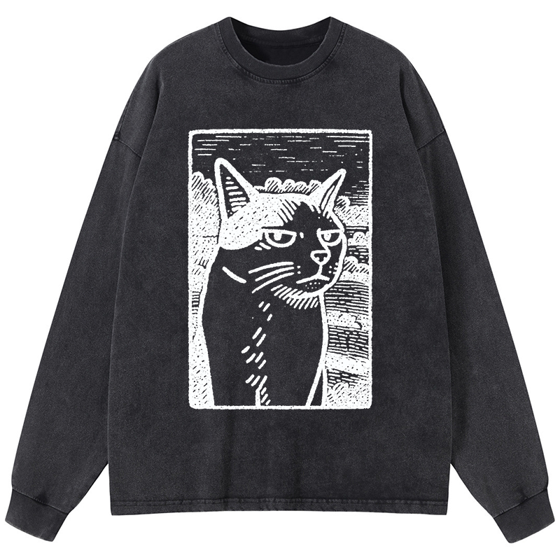 Tokyo-Tiger Cat's Hateful Eyes Washed Long Sleeve T-Shirt