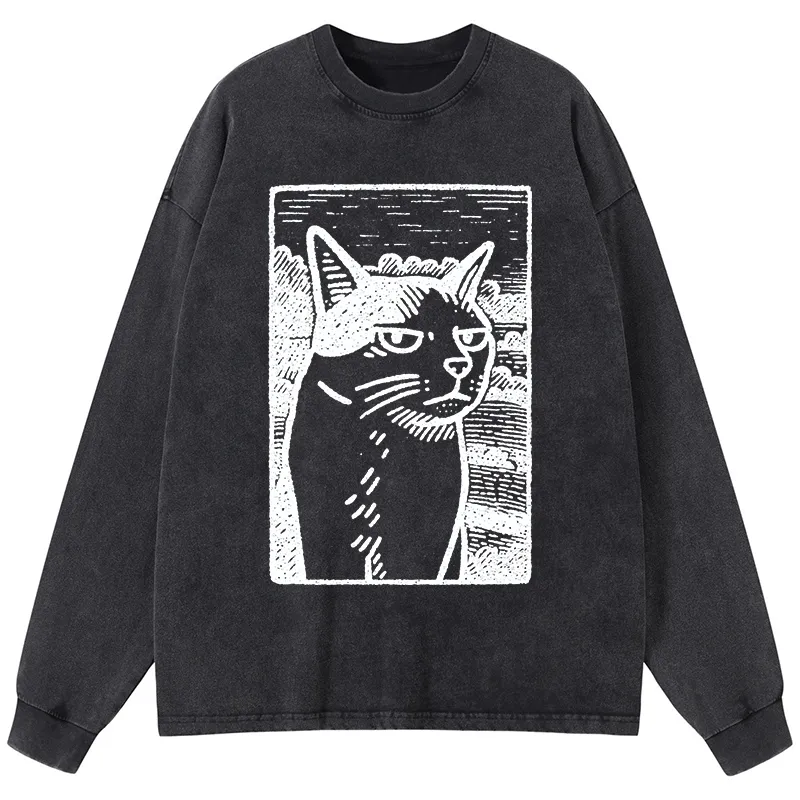 Tokyo-Tiger Cat's Hateful Eyes Washed Long Sleeve T-Shirt