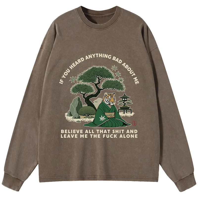 Tokyo-Tiger Funny Ukiyoe Tiger Samurai Zen Washed Long Sleeve T-Shirt