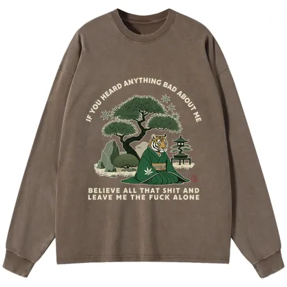 Tokyo-Tiger Funny Ukiyoe Tiger Samurai Zen Washed Long Sleeve T-Shirt