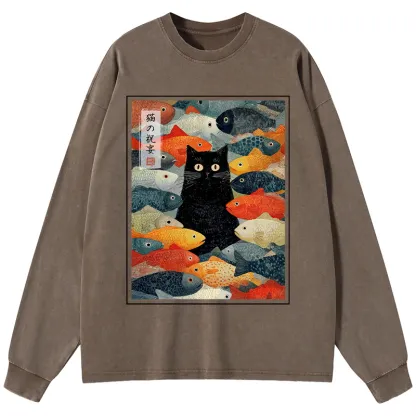 Tokyo-Tiger The Cat's Feast of Fish Washed Long Sleeve T-Shirt