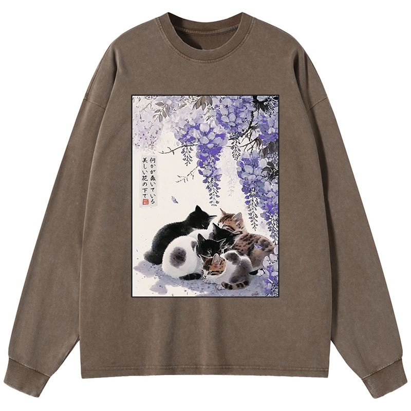 Tokyo-Tiger Cats plotting under the wisteria Washed Long Sleeve T-Shirt