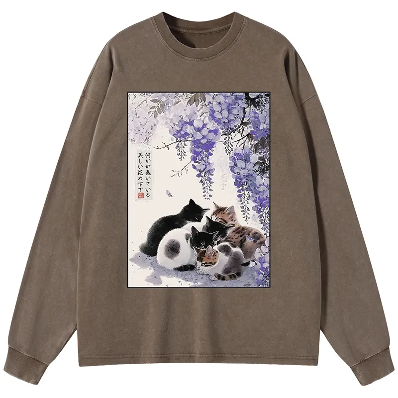 Tokyo-Tiger Cats plotting under the wisteria Washed Long Sleeve T-Shirt