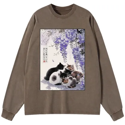 Tokyo-Tiger Cats plotting under the wisteria Washed Long Sleeve T-Shirt