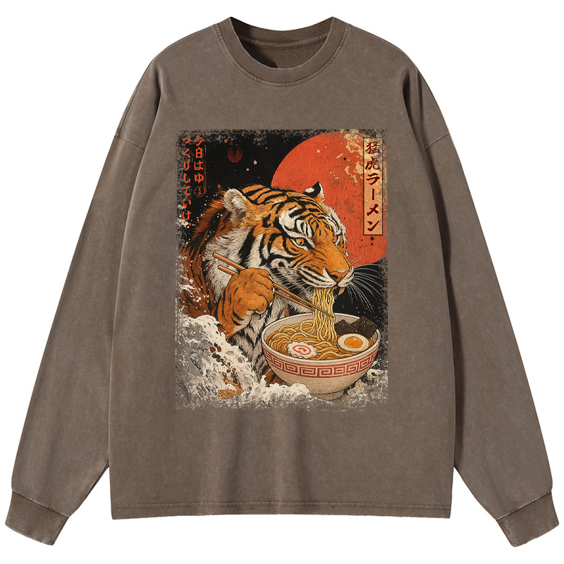 Tokyo-Tiger Ukiyoe Japan Tiger Eating Ramen Washed Long Sleeve T-Shirt