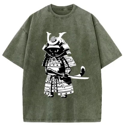 Tokyo-Tiger Japanese Samurai Black Cat Washed T-Shirt