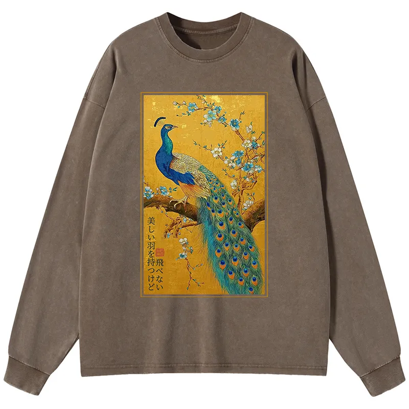 Tokyo-Tiger The Peacock's Silent Elegance Washed Long Sleeve T-Shirt
