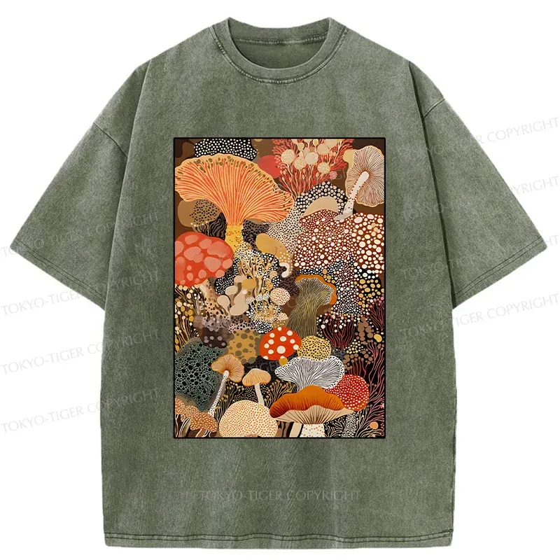 Tokyo-Tiger Psychedelic Mushroom Paintings Washed T-Shirt