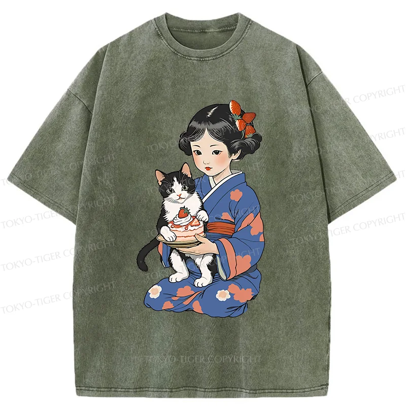 Tokyo-Tiger Japanese Child Holding A Cat Washed T-Shirt