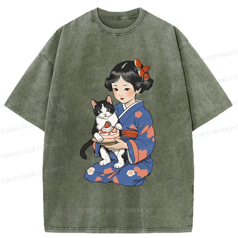 Tokyo-Tiger Japanese Child Holding A Cat Washed T-Shirt