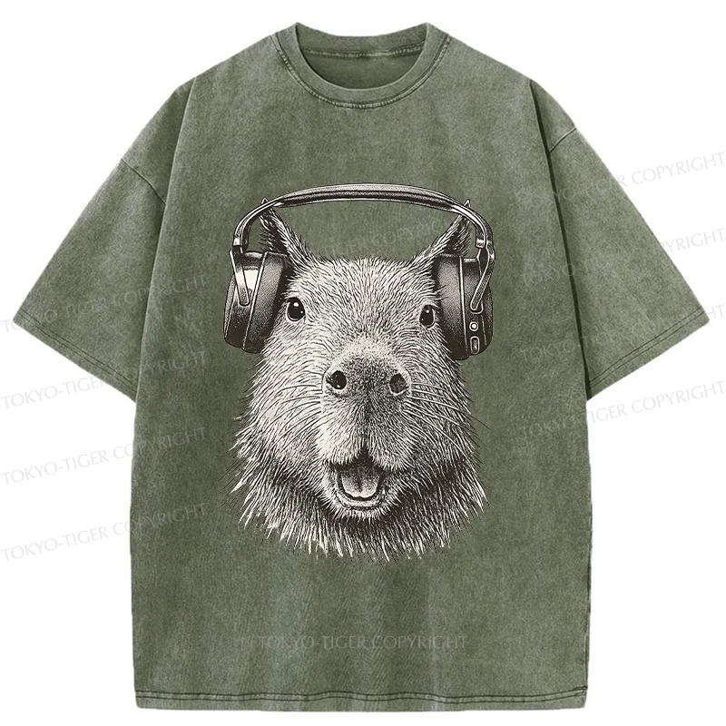 Tokyo-Tiger Capybara Listening To Music Washed T-Shirt