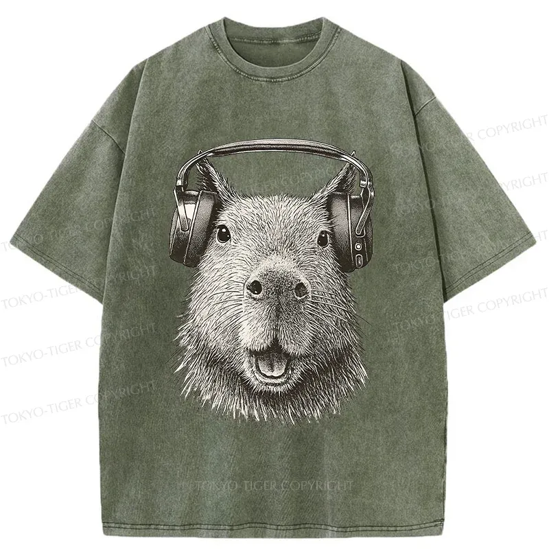 Tokyo-Tiger Capybara Listening To Music Washed T-Shirt Sale