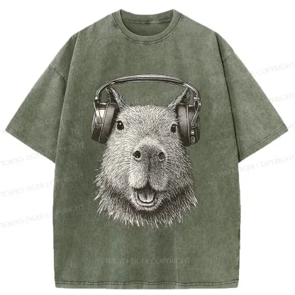 Tokyo-Tiger Capybara Listening To Music Washed T-Shirt