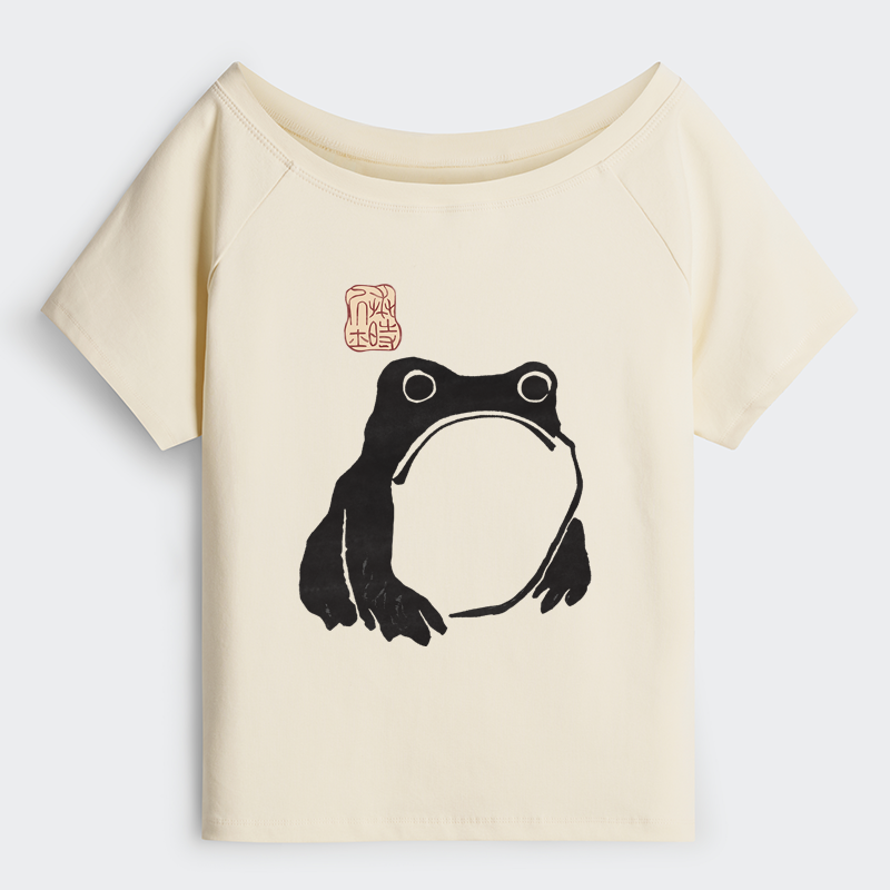 Tokyo-Tiger Matsumoto Hoji Woodblock Print Frog Off Shoulder T-Shirt