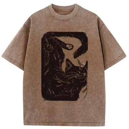 Tokyo-Tiger Funny Sleeping Cat Washed T-Shirt