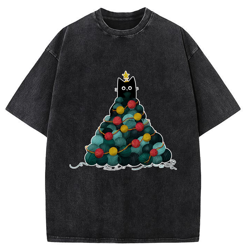 Tokyo-Tiger Yarn Christmas Tree Cat Washed T-Shirt