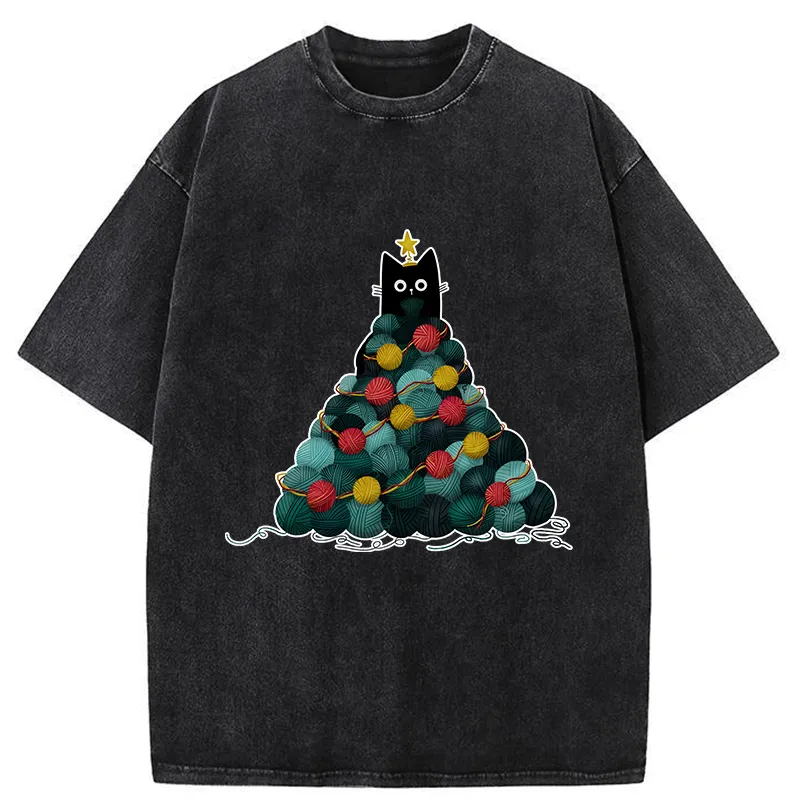 Tokyo-Tiger Yarn Christmas Tree Cat Washed T-Shirt