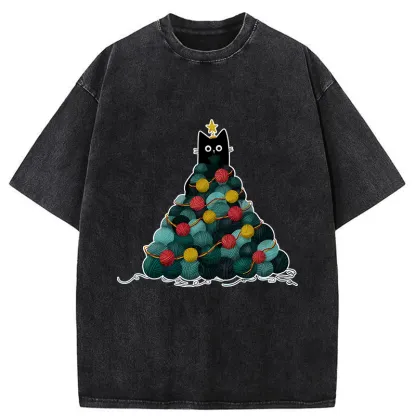 Tokyo-Tiger Yarn Christmas Tree Cat Washed T-Shirt