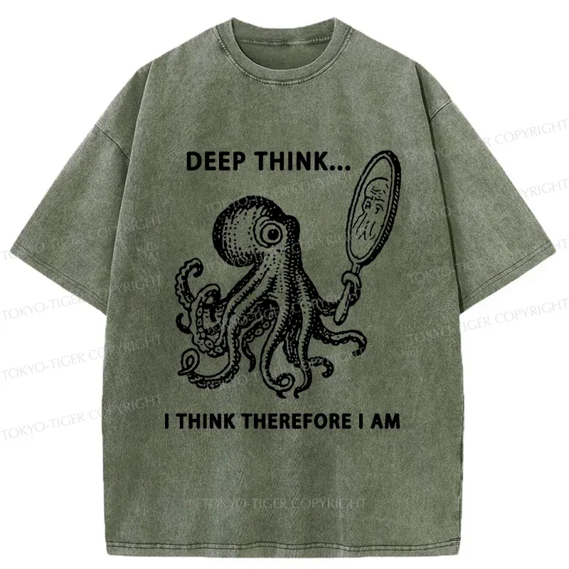 Tokyo-Tiger Octopus Looking In The Mirror Washed T-Shirt