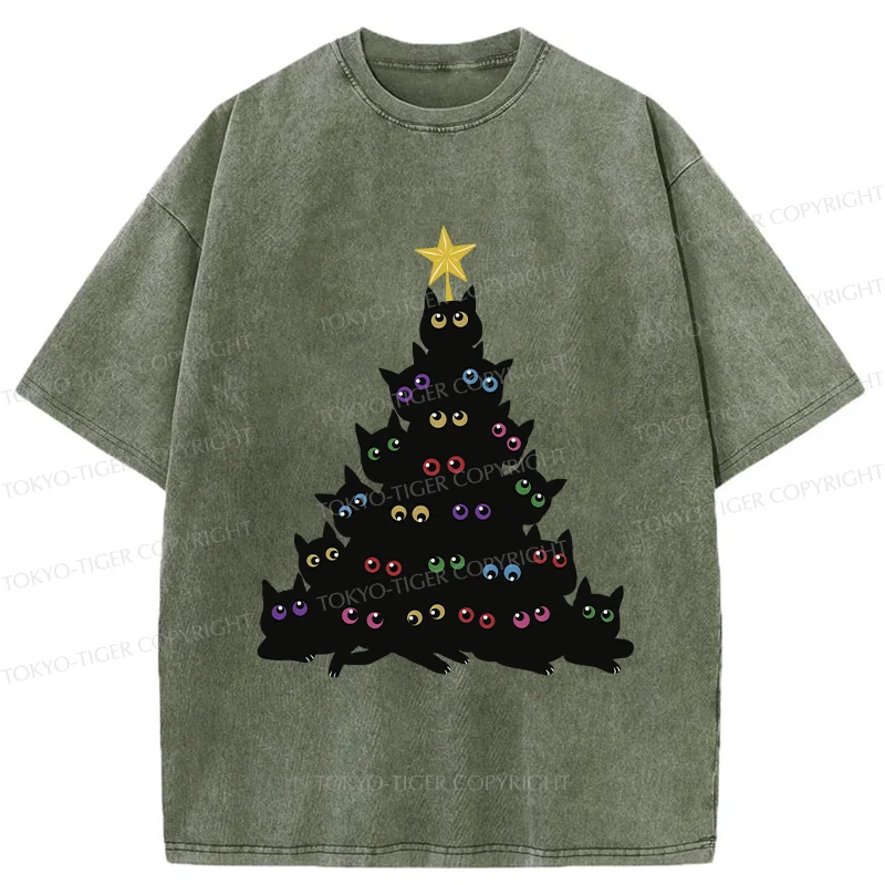 Tokyo-Tiger Cat Christmas Tree Washed T-Shirt