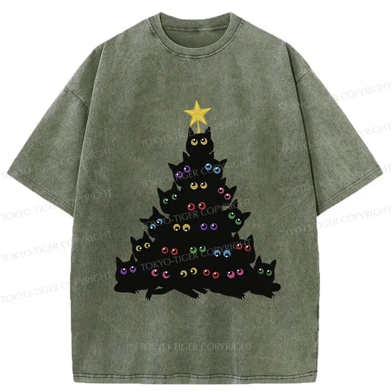 Tokyo-Tiger Cat Christmas Tree Washed T-Shirt