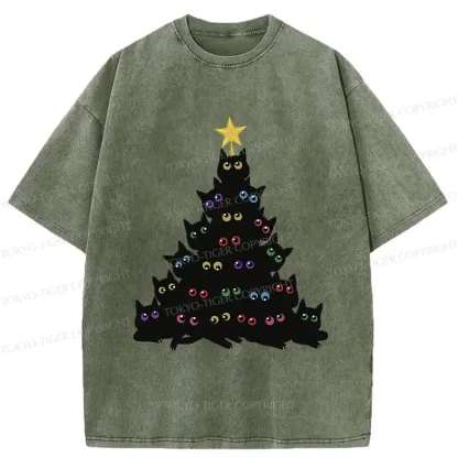 Tokyo-Tiger Cat Christmas Tree Washed T-Shirt