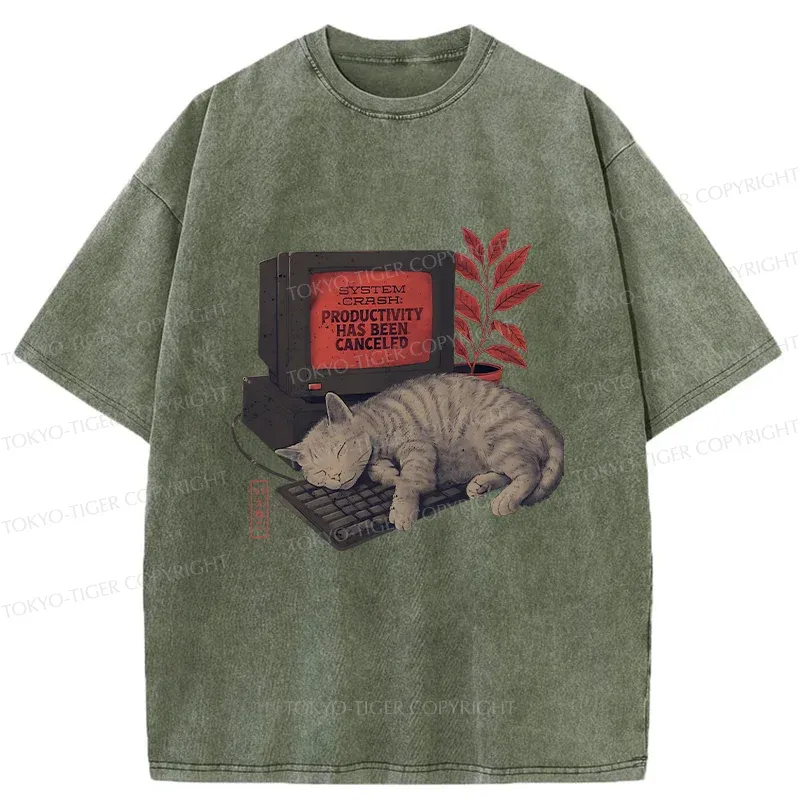 Tokyo-Tiger Cat Sleeping On Computer Washed T-Shirt