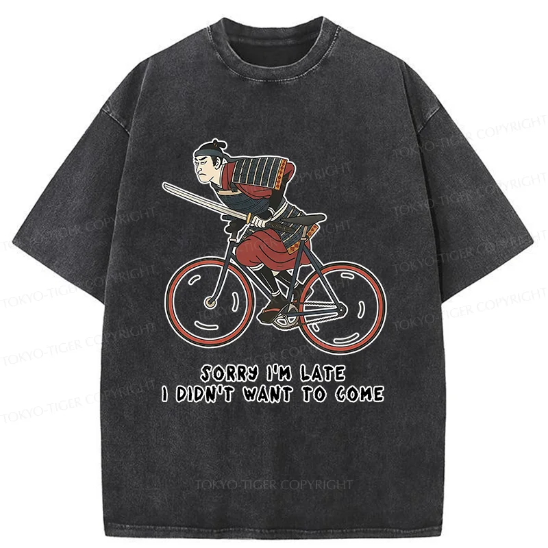 Tokyo-Tiger Samurai Riding A Bicycle Japanese Washed T-Shirt
