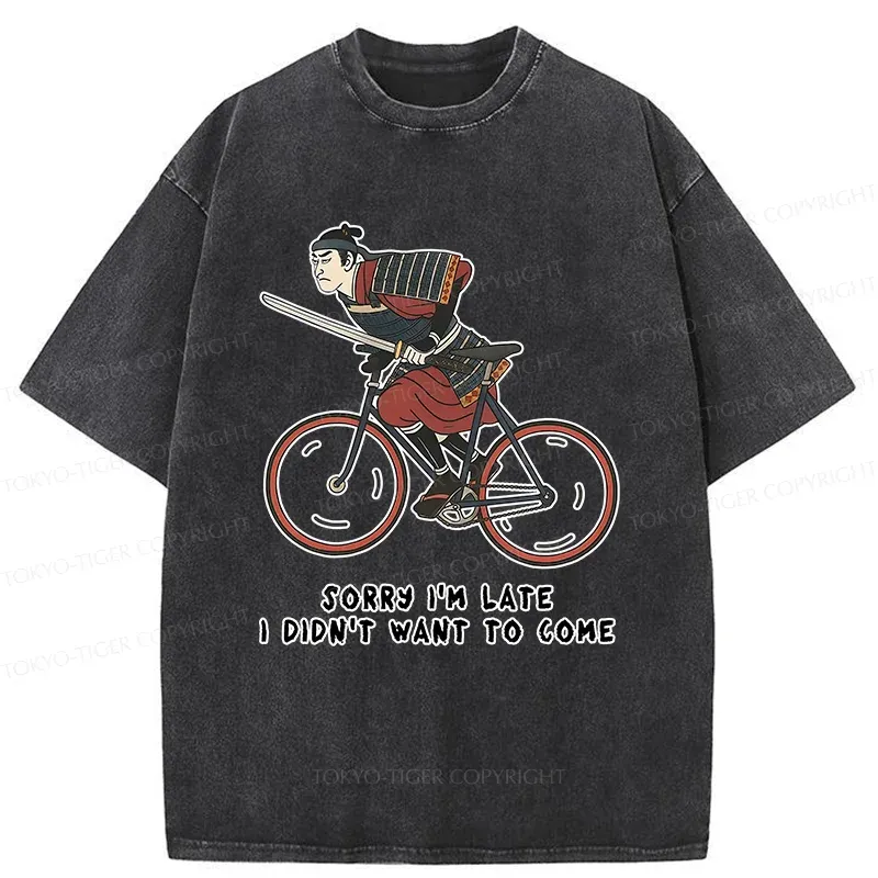 Tokyo-Tiger Samurai Riding A Bicycle Japanese Washed T-Shirt