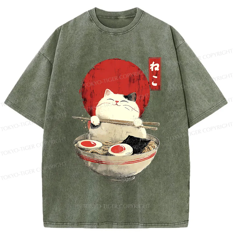 Tokyo-Tiger White Cat Ramen Washed T-Shirt