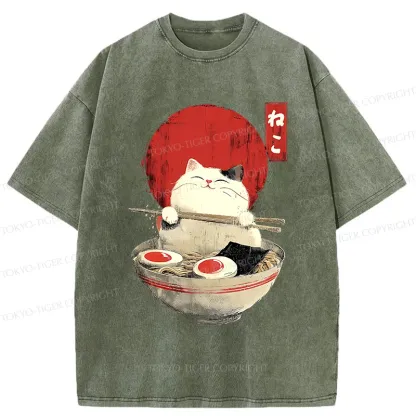 Tokyo-Tiger White Cat Ramen Washed T-Shirt