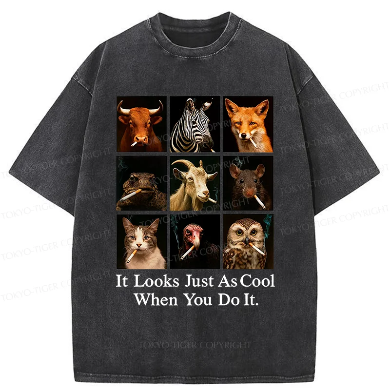 Tokyo-Tiger Various Animals Smoking Washed T-Shirt