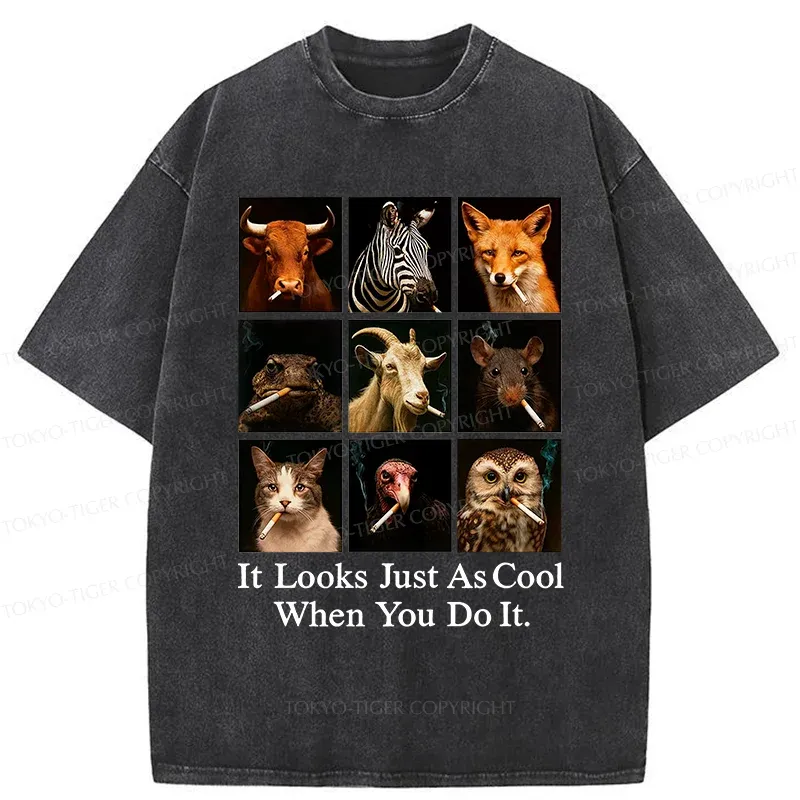 Tokyo-Tiger Various Animals Smoking Washed T-Shirt