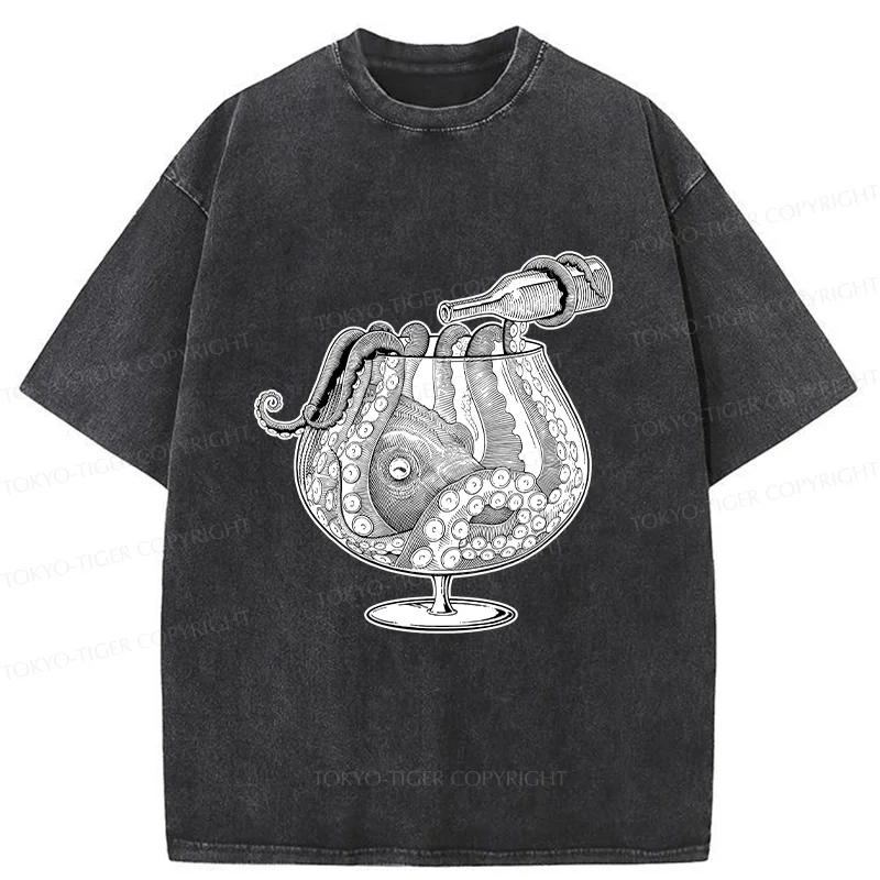 Tokyo-Tiger Octopus Drinking Wine Washed T-Shirt