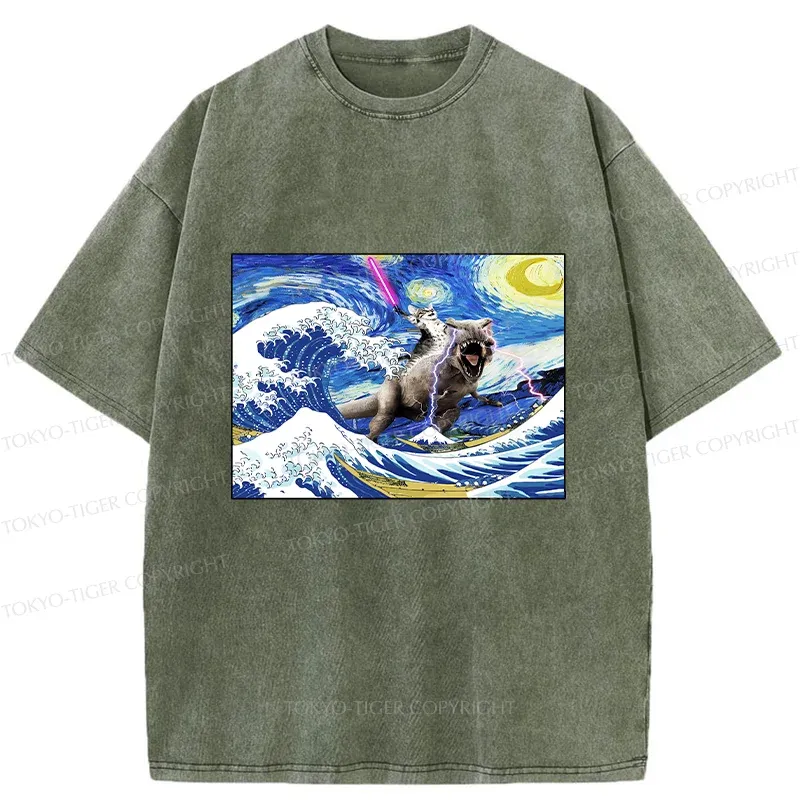 Tokyo-Tiger Cat Riding A Dinosaur In The Surf Washed T-Shirt
