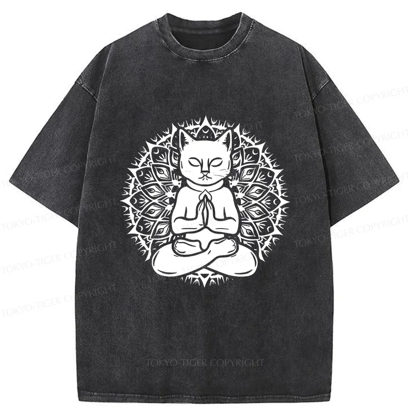 Tokyo-Tiger Yoga Cat Japanese Washed T-Shirt