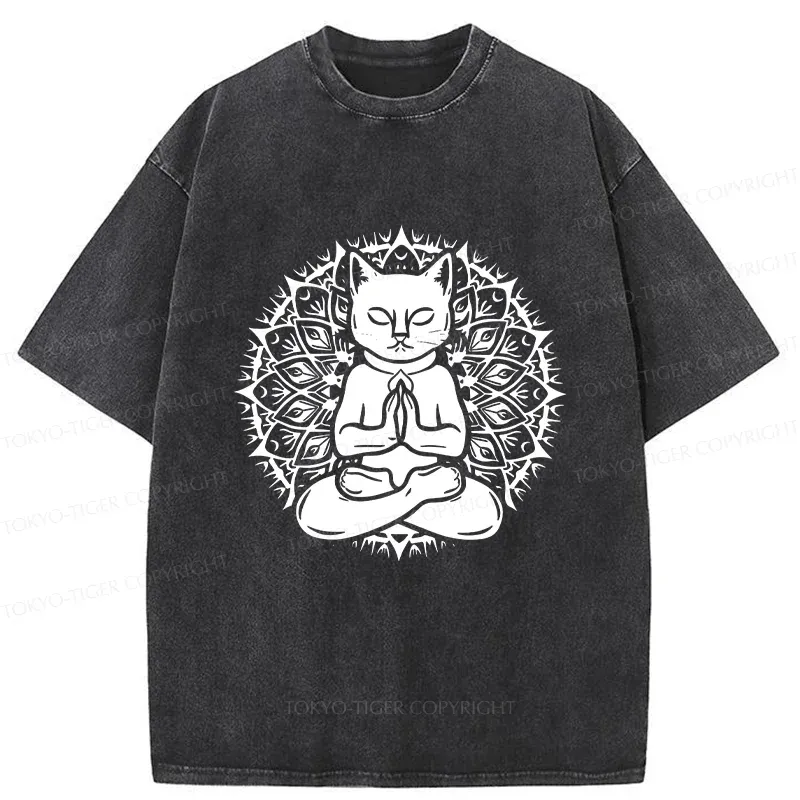 Tokyo-Tiger Yoga Cat Japanese Washed T-Shirt