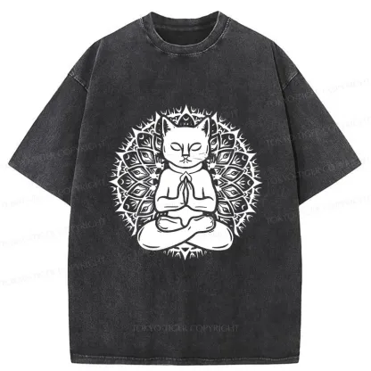 Tokyo-Tiger Yoga Cat Japanese Washed T-Shirt