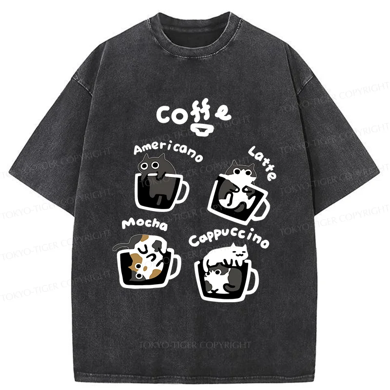 Tokyo-Tiger Four Types Of Coffee Cats Washed T-Shirt