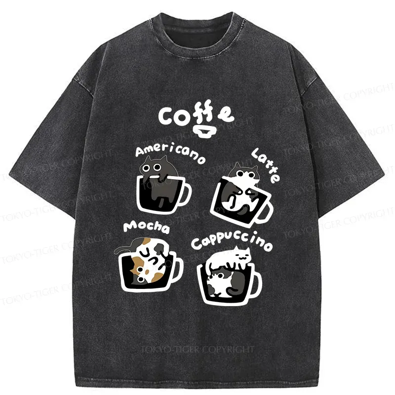 Tokyo-Tiger Four Types Of Coffee Cats Washed T-Shirt