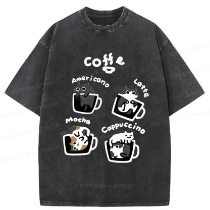 Tokyo-Tiger Four Types Of Coffee Cats Washed T-Shirt