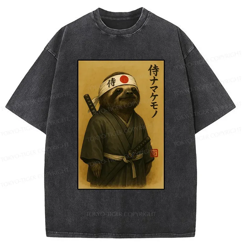 Tokyo-Tiger Japanese Samurai Sloth Washed T-Shirt