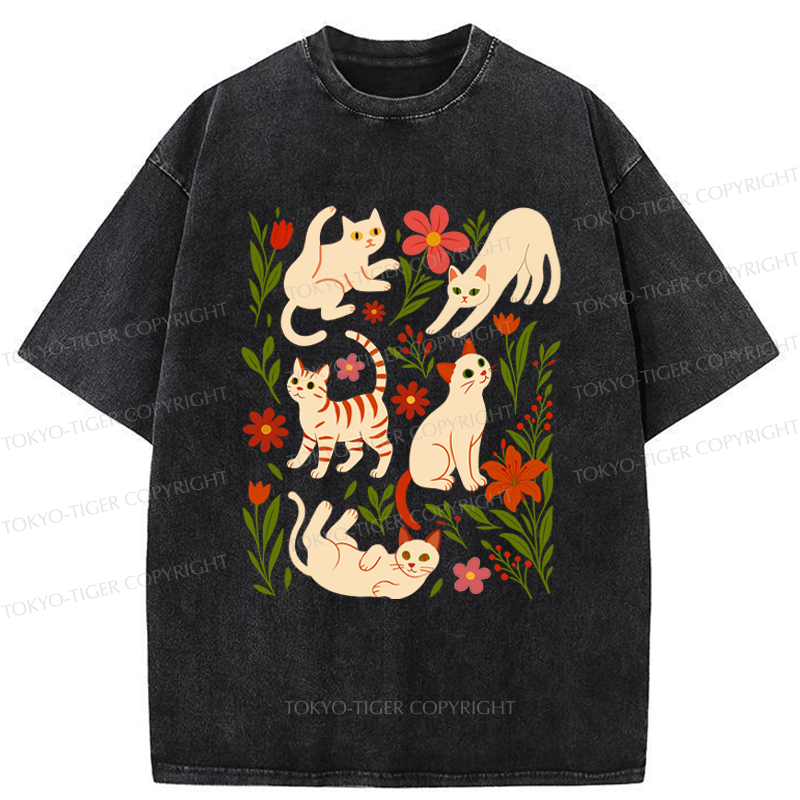 Tokyo-Tiger Cats And Flowers Washed T-Shirt